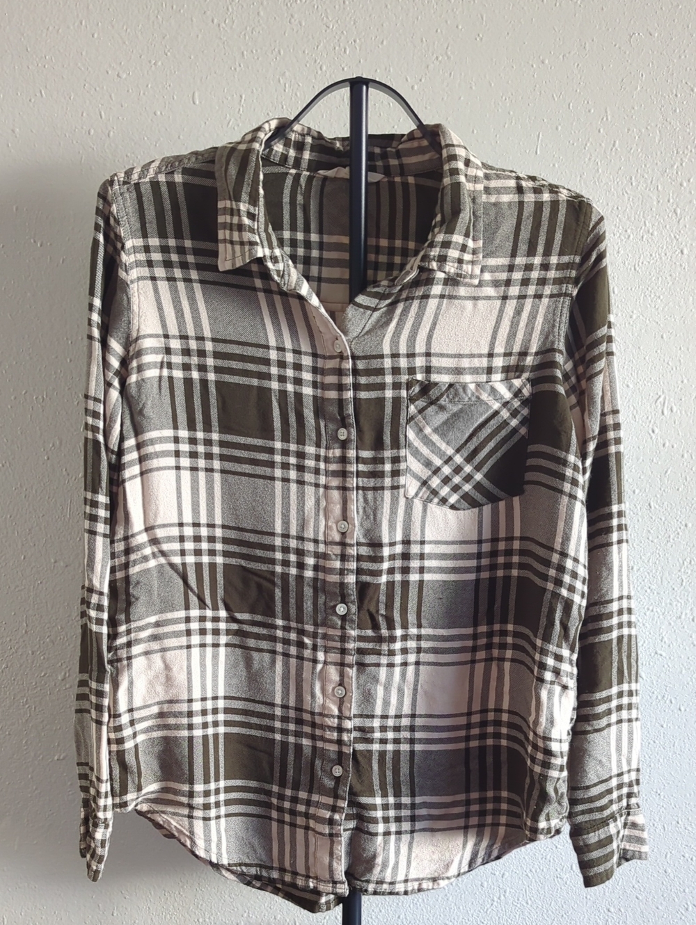 Lucky Brand Cloud Plaid Boyfriend Flannel Shirt Olive Green Cream